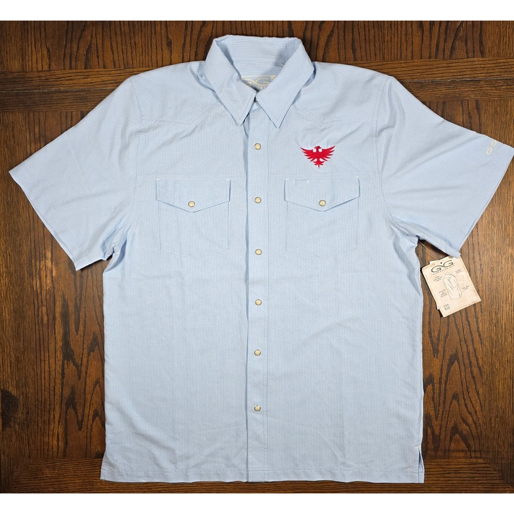 GameGuard Mens Short Sleeve Western Pearl Snap Shirt Blue Stripe Large NWT
